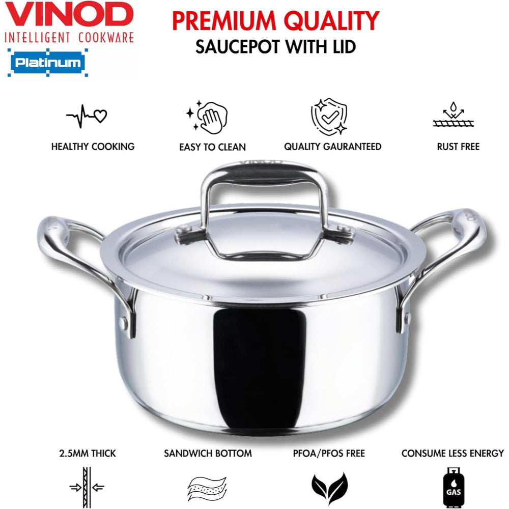 Vinod Platinum Triply Stainless Steel Saucepot with Lid - 20 cm, 3 L, 2.5mm Thickness, Silver (Induction Friendly)