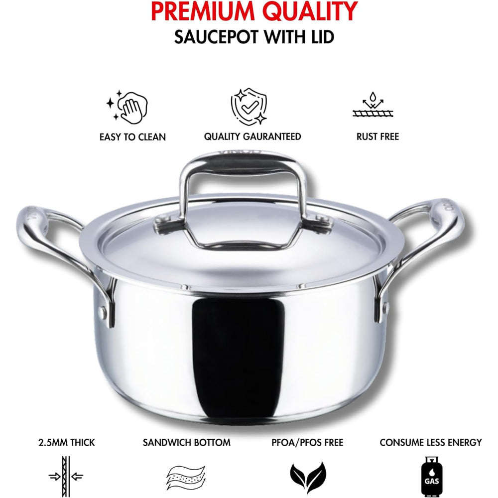 Vinod Platinum Triply Stainless Steel Saucepot with Lid - 24 cm, 5 L, Silver (Induction Friendly)