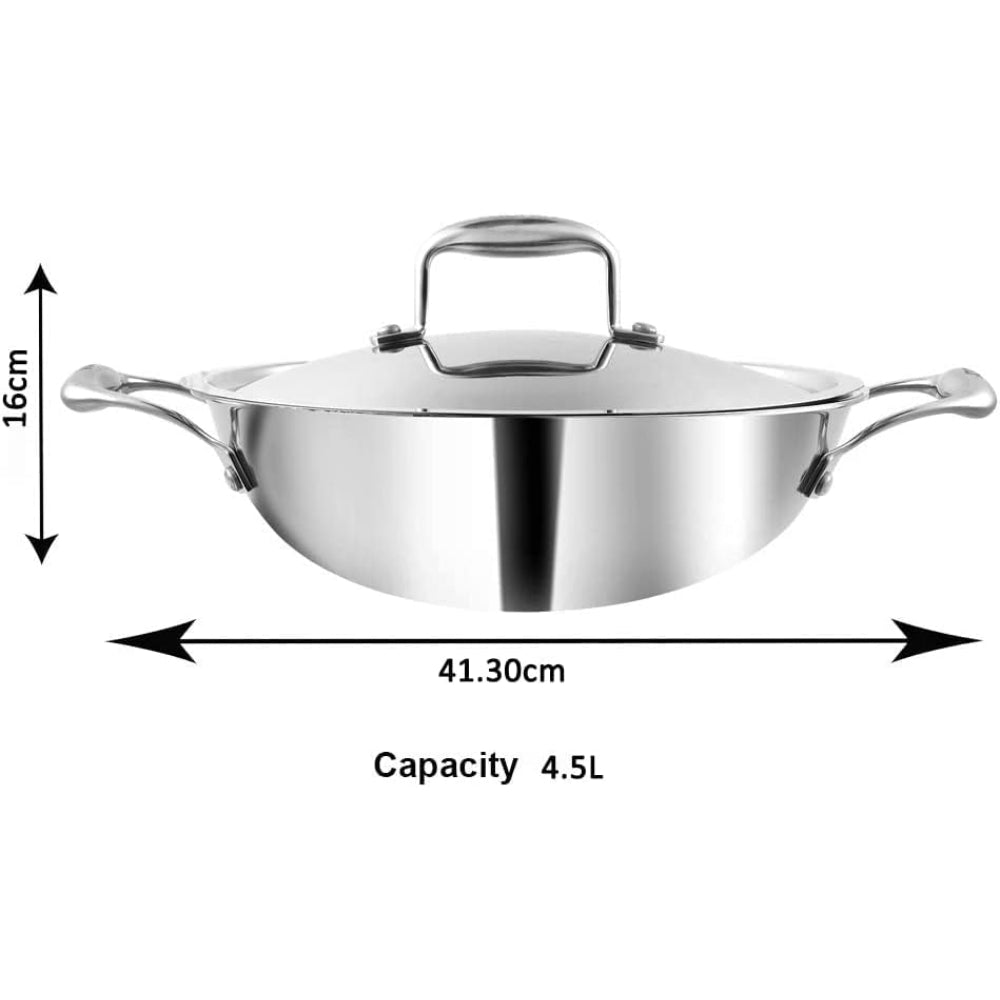 Vinod Platinum Triply Stainless Steel Kadai with Lid- 30 cm, 4.5 L, Silver (Induction Friendly)