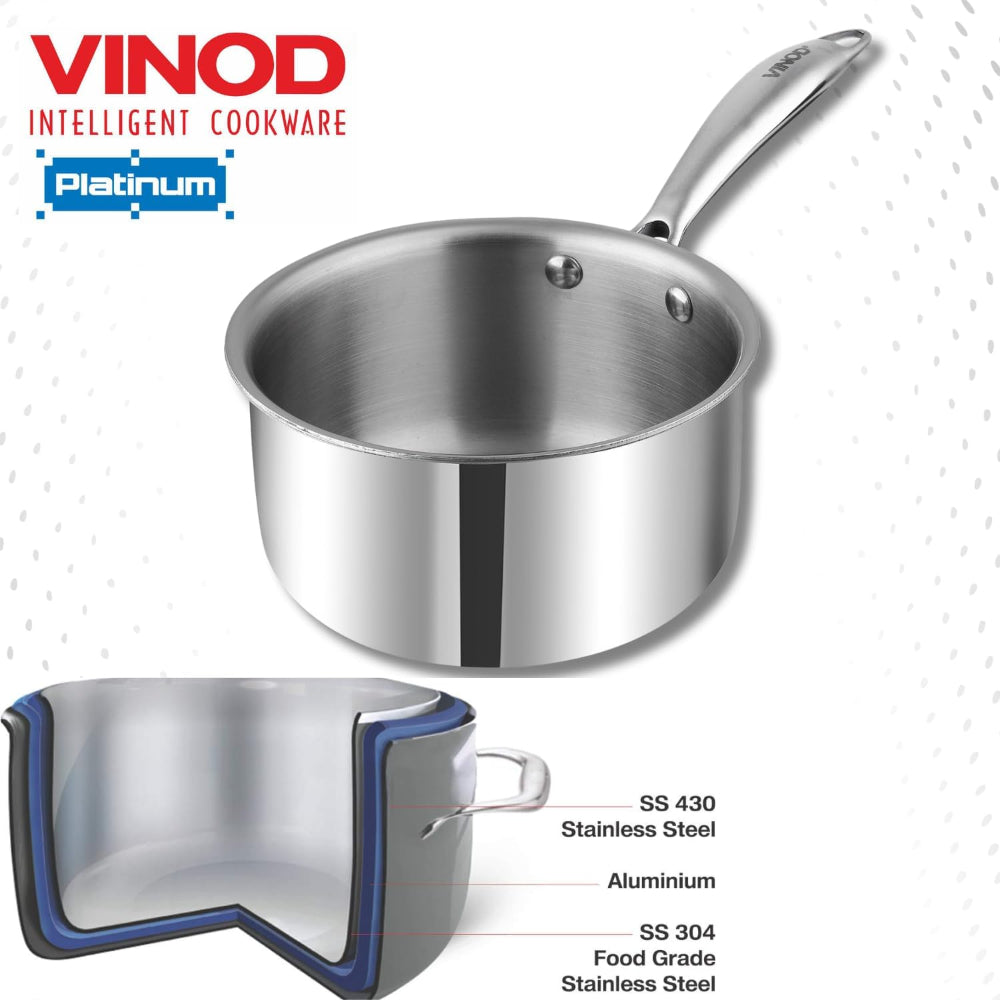 Vinod Platinum Triply Stainless Steel Milkpan -14 cm, 1.2 L, Silver (Induction Friendly)