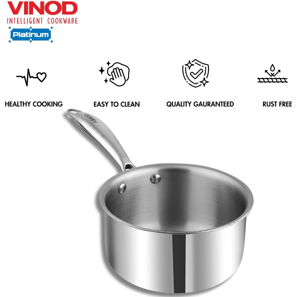 Vinod Platinum Triply Stainless Steel Milkpan -14 cm, 1.2 L, Silver (Induction Friendly)