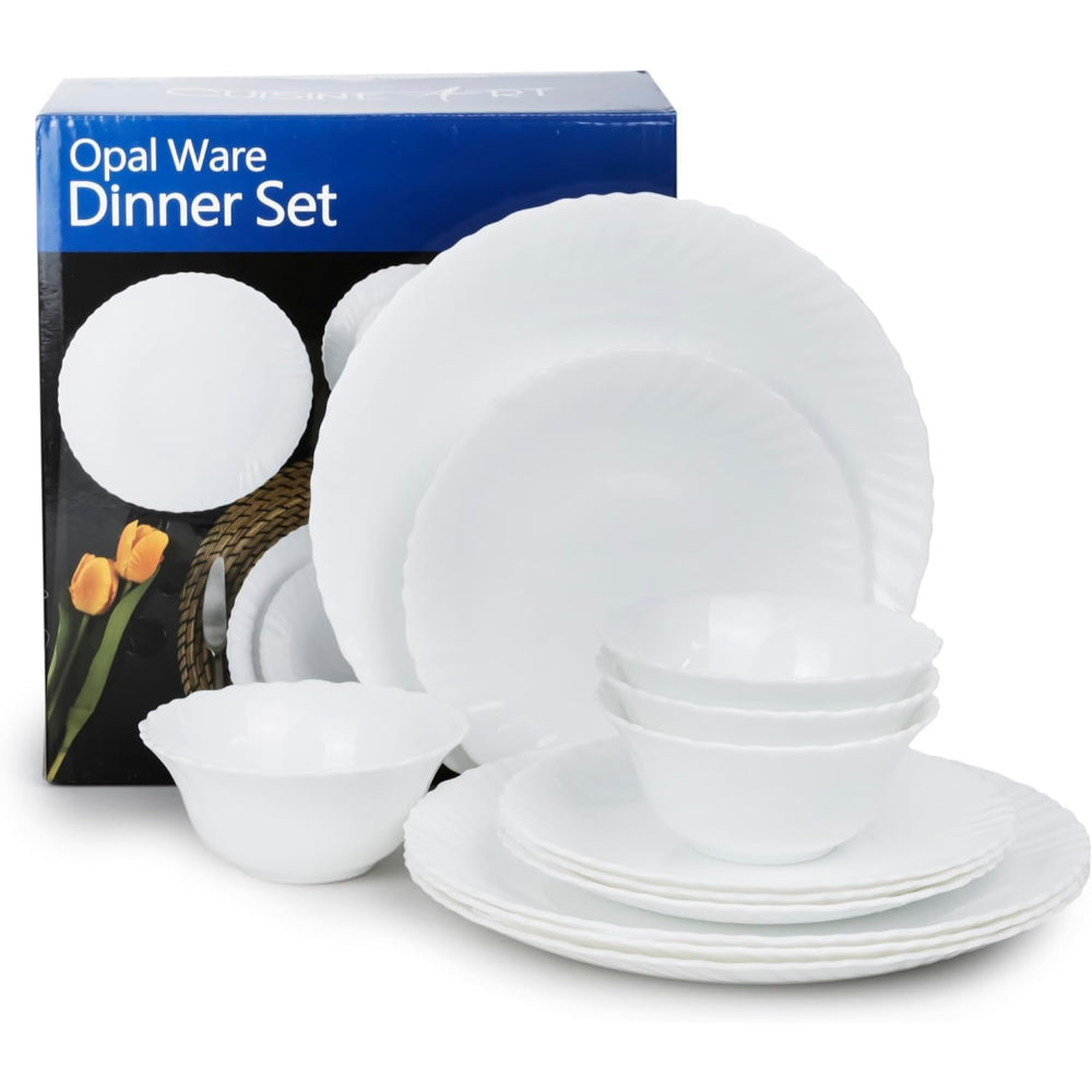 Cuisine Art Opalware Dining Collection Dinnerware- Exquisite White 12-Piece Dinner Set | 10'' Dinner Plate x 4pcs| 7.5'' Dessert Plate x 4pcs |5'' Bowl X 4pcs