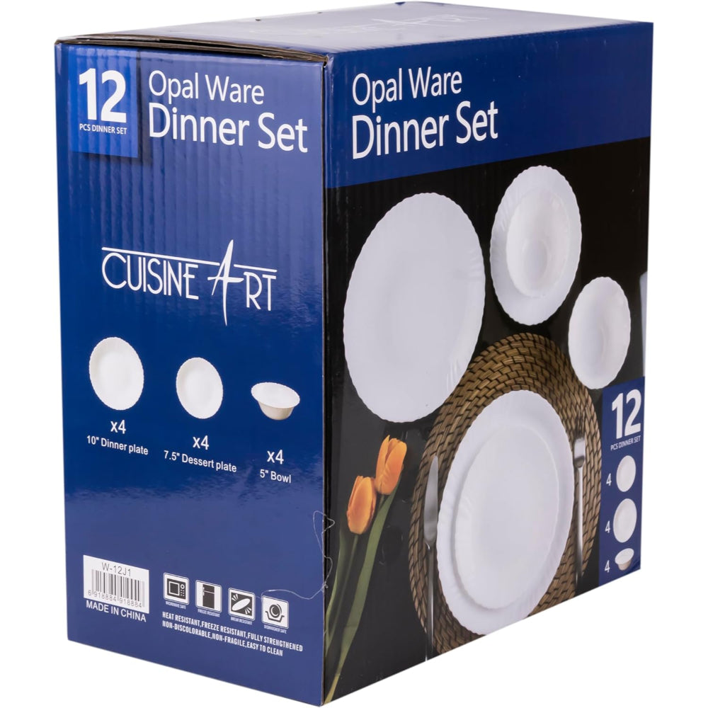 Cuisine Art Opalware Dining Collection Dinnerware- Exquisite White 12-Piece Dinner Set | 10'' Dinner Plate x 4pcs| 7.5'' Dessert Plate x 4pcs |5'' Bowl X 4pcs