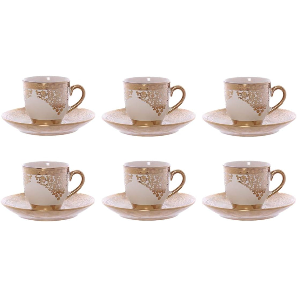 Shallow Porcelain Cup and Saucer Set, 12-Piece, Beige/Gold - Elegant Tea/Coffee Set for Everyday Dining