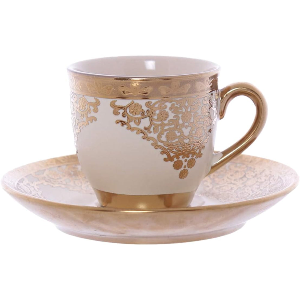 Shallow Porcelain Cup and Saucer Set, 12-Piece, Beige/Gold - Elegant Tea/Coffee Set for Everyday Dining