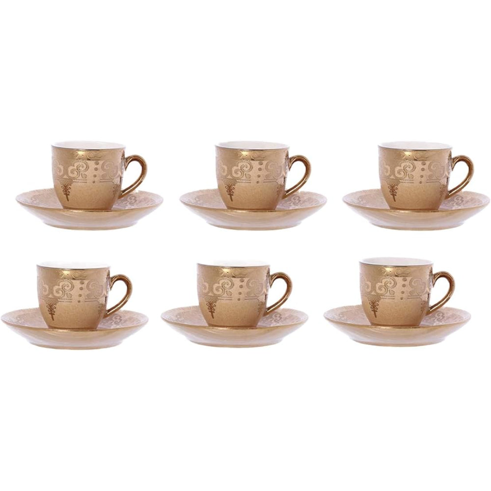 Shallow Porcelain Cup and Saucer Set, 12-Piece, Gold - Elegant Tea/Coffee Set for Daily Use and Special Occasions