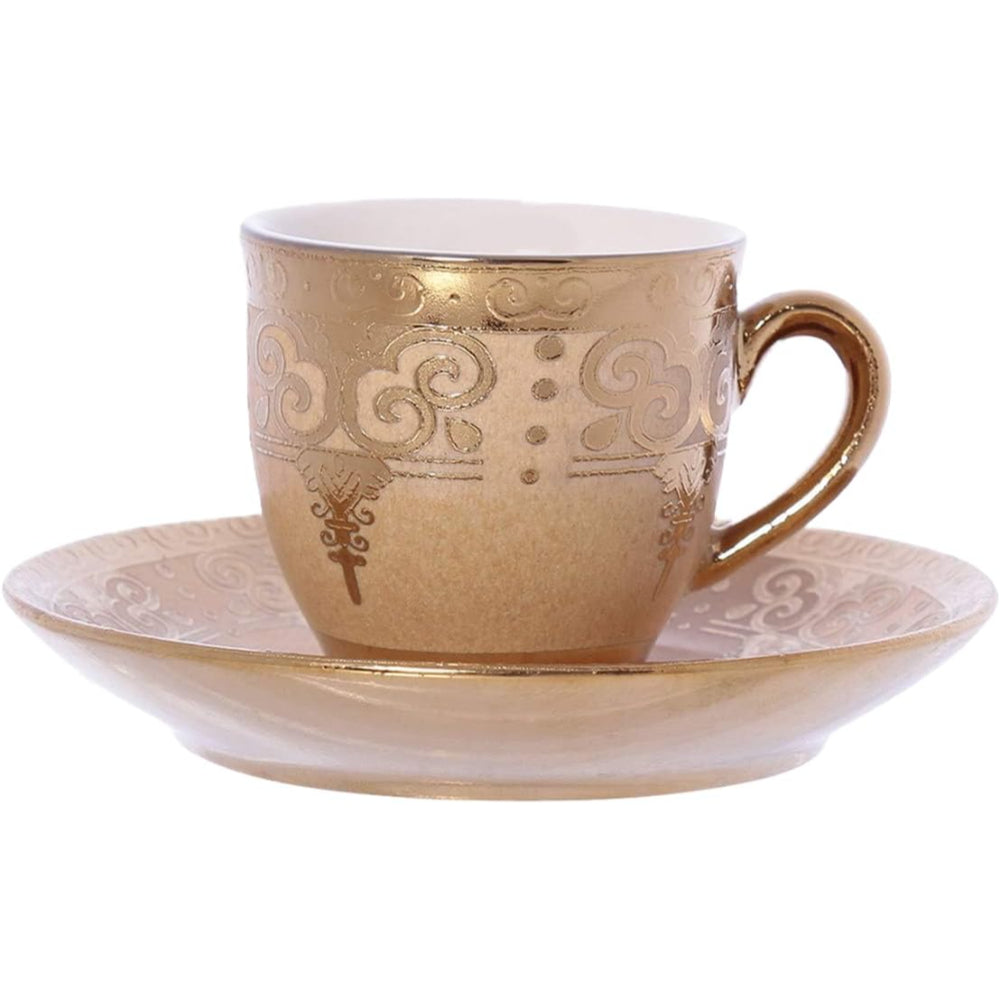 Shallow Porcelain Cup and Saucer Set, 12-Piece, Gold - Elegant Tea/Coffee Set for Daily Use and Special Occasions