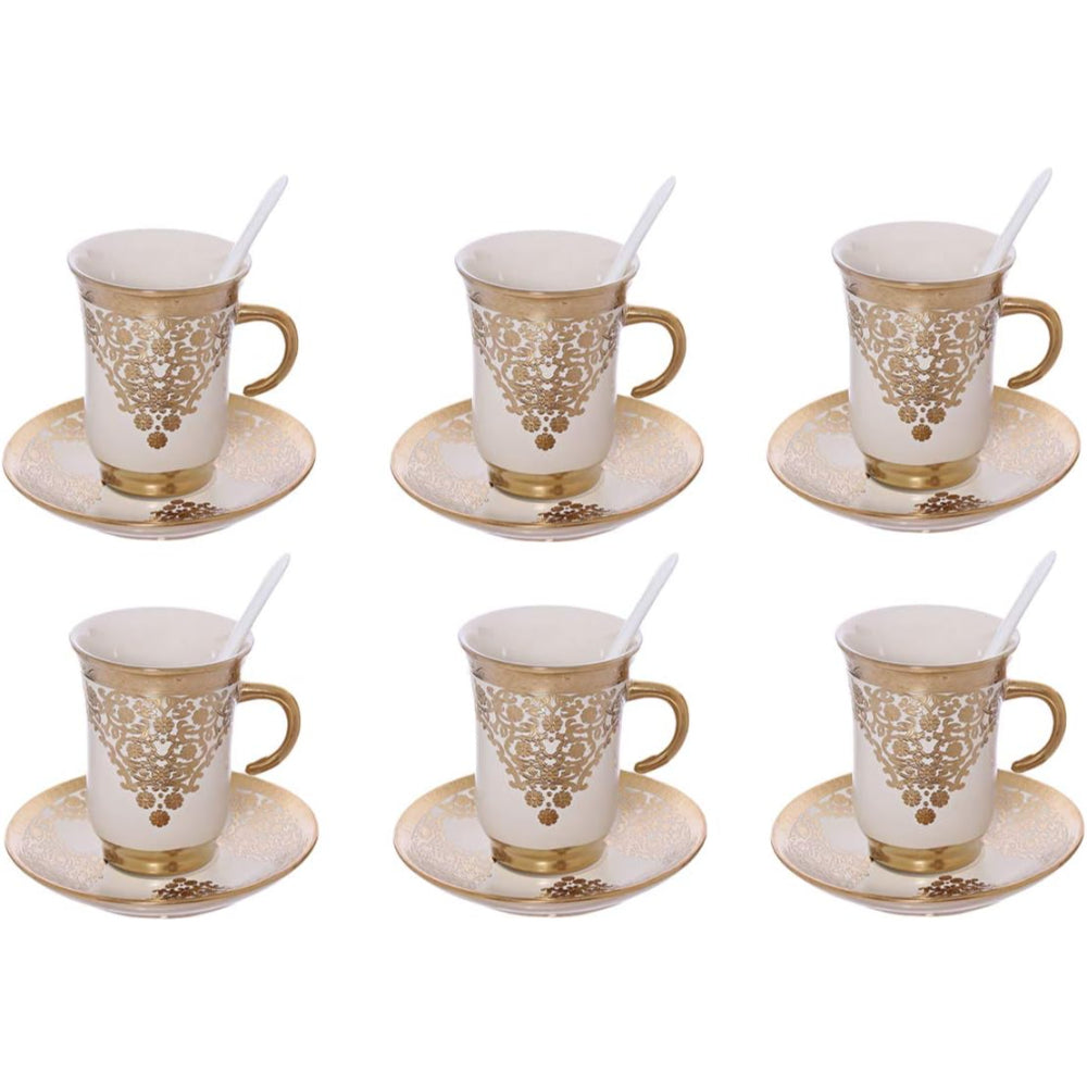 Shallow Porcelain Cup and Saucer Set, 12-Piece, Beige/Gold - Elegant Tea/Coffee Set for Daily Use & Special Occasions