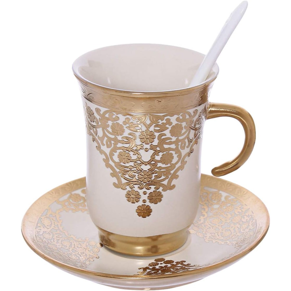 Shallow Porcelain Cup and Saucer Set, 12-Piece, Beige/Gold - Elegant Tea/Coffee Set for Daily Use & Special Occasions