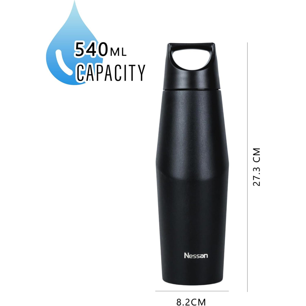 Nessan Double Wall Stainless Steel Vacuum Insulated Travel Flask Bottle for Water, Iced Tea or Hot Coffee, Smoothie and More (Black, 540ml)