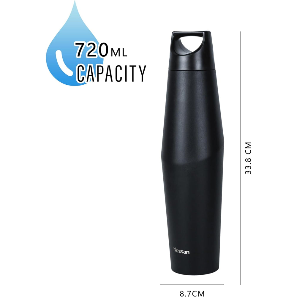 Nessan Double Wall Stainless Steel Vacuum Insulated Travel Flask Bottle for Water, Iced Tea or Hot Coffee, Smoothie and More (Black, 720ml)