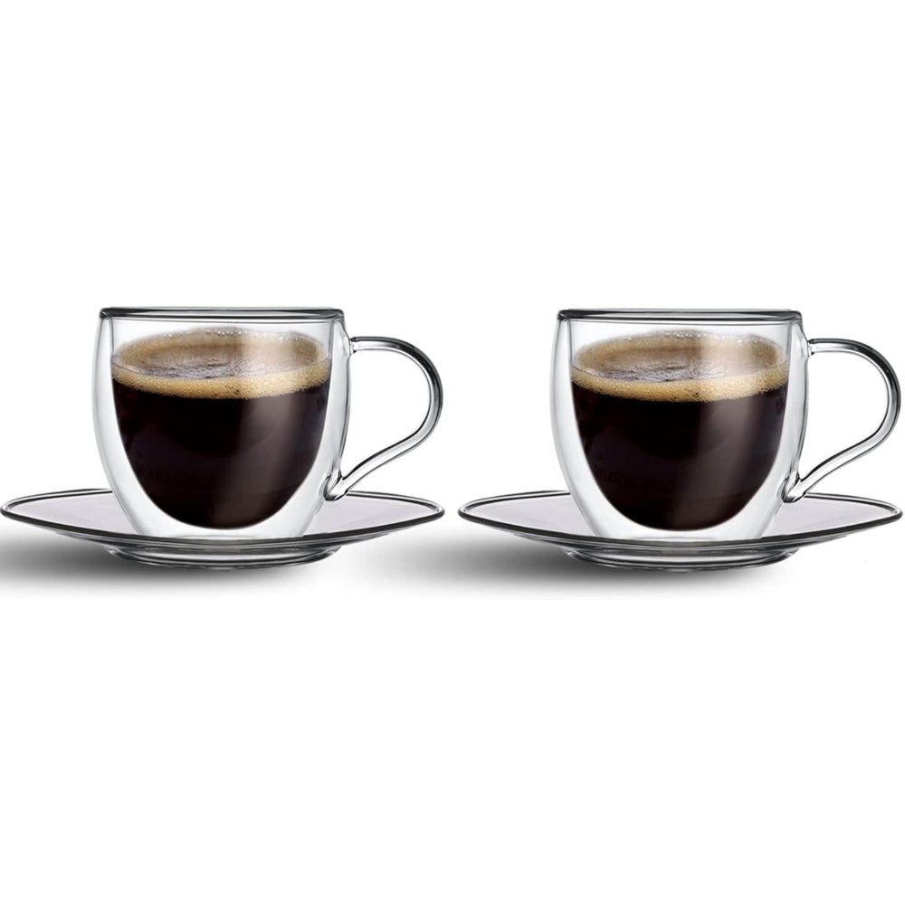 Cuisine Art 180Ml Double Wall Glass Cup 4Pcs Set Borosilicate Glass For Coffee, Tea, Whiskey, Cocktails & All Beverages - Minimalistic & Durable Double-Wall Drinking Mug With 13Cm Saucer