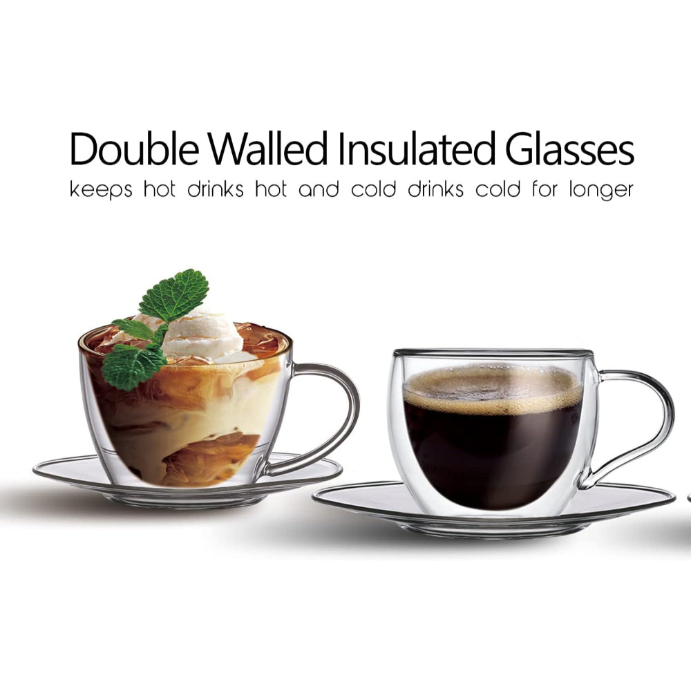 Cuisine Art 180Ml Double Wall Glass Cup 4Pcs Set Borosilicate Glass For Coffee, Tea, Whiskey, Cocktails & All Beverages - Minimalistic & Durable Double-Wall Drinking Mug With 13Cm Saucer