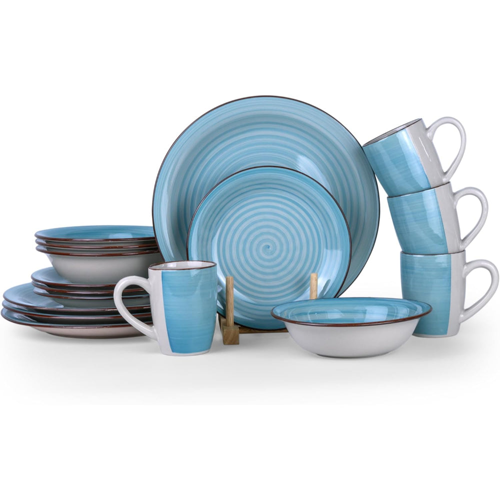 Cuisine Art Cosmic Hand-Painted Stoneware 16pcs Dinner Set – Blue | 4 Dinner Plates (10.5"), 4 Dessert Plates (7.5"), 4 Soup Bowls (7"), 4 Mugs (9oz) Elegant & Durable Tableware for Home & Kitchen