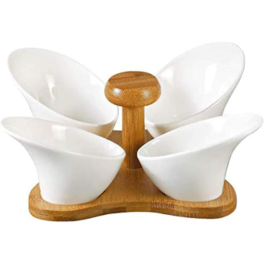 Shallow 4-Compartment Serving Bowls with Bamboo Base, White Porcelain - Elegant Snack and Condiment Server