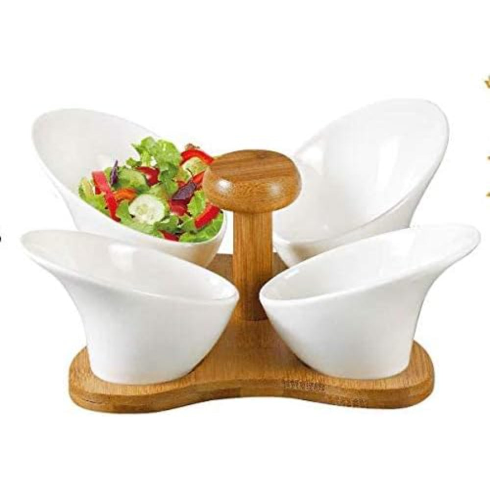 Shallow 4-Compartment Serving Bowls with Bamboo Base, White Porcelain - Elegant Snack and Condiment Server