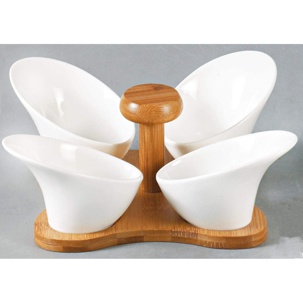 Shallow 4-Compartment Serving Bowls with Bamboo Base, White Porcelain - Elegant Snack and Condiment Server