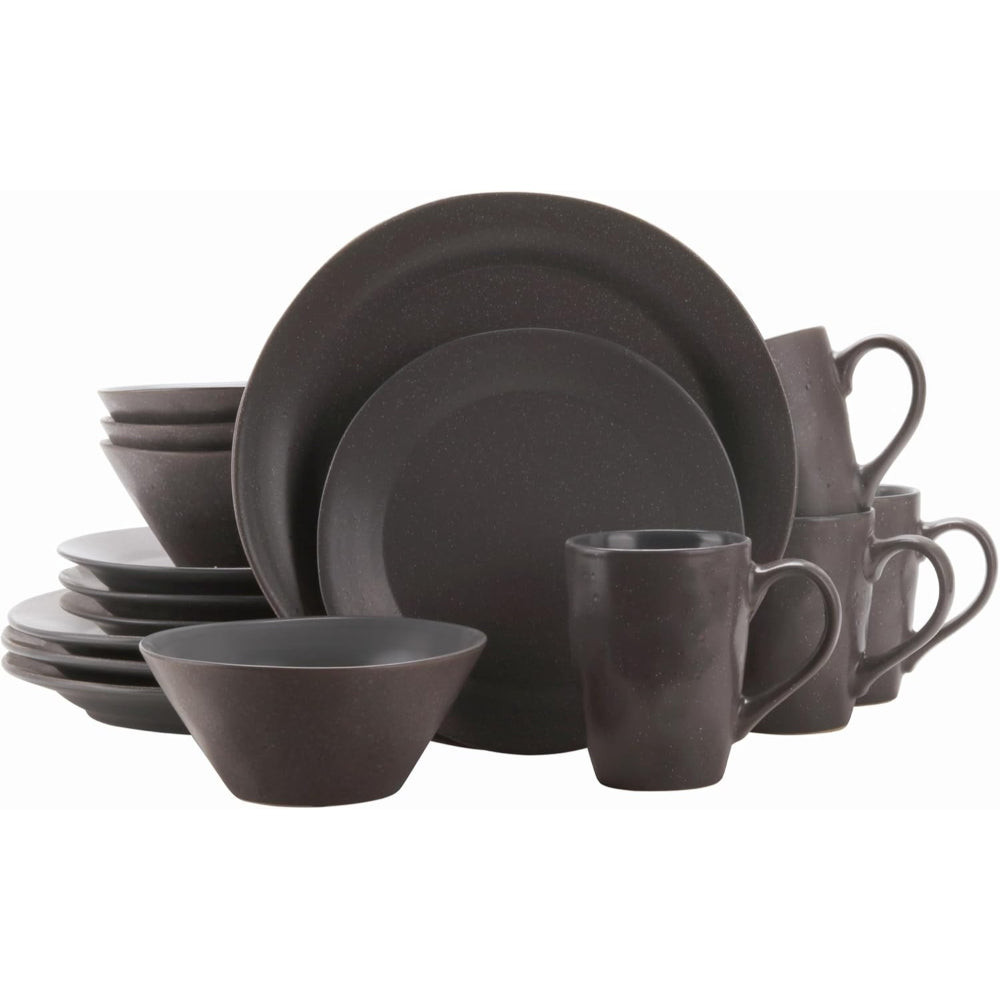 Shallow SOLLY 16-Pieces Stoneware Dinnerware Set, Dinner Set, Kitchen Dinnerware Ceramic Crockery Set, Dinner Service Set for 4, Include 26.5cm Dinner Plate, 20.3cm Plate, Cereal Bowl, Mug