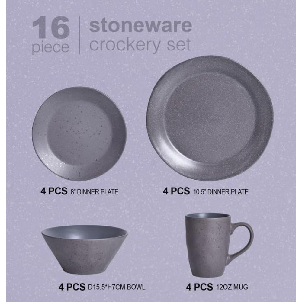 Shallow SOLLY 16-Pieces Stoneware Dinnerware Set, Dinner Set, Kitchen Dinnerware Ceramic Crockery Set, Dinner Service Set for 4, Include 26.5cm Dinner Plate, 20.3cm Plate, Cereal Bowl, Mug