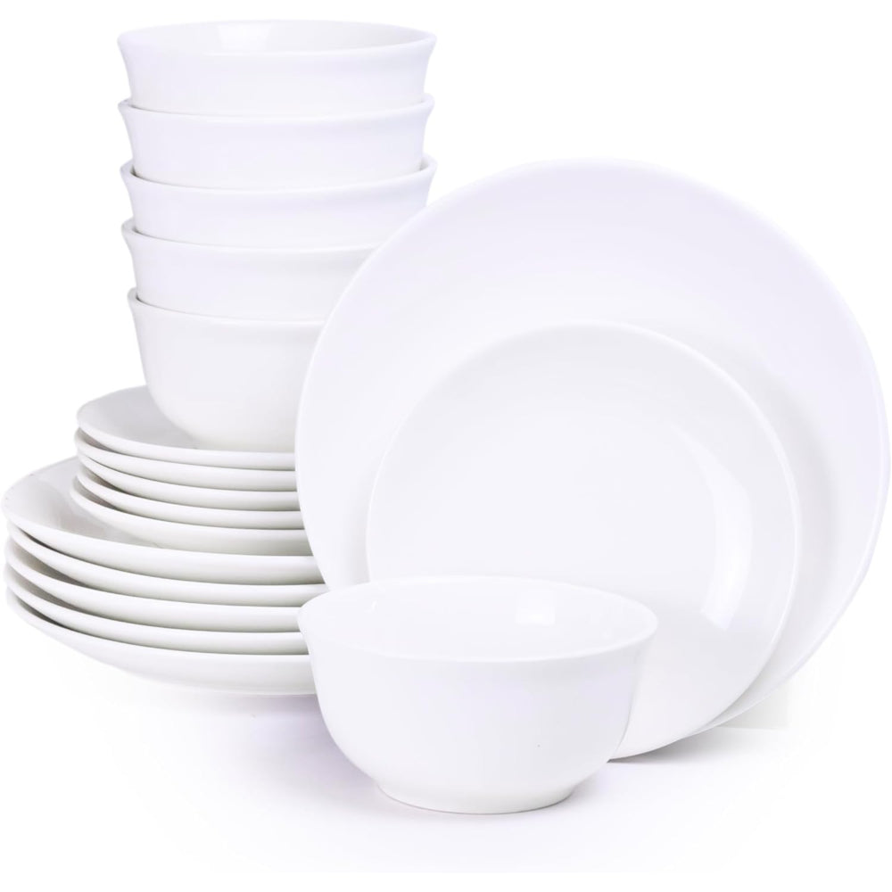 Shallow by Cuisine Art 18-Piece Porcelain Dinnerware Set – Elegant Ceramic Crockery for 6 | Includes 26.8 cm Dinner Plates, 20 cm Side Plates, and 15 cm Bowls, White