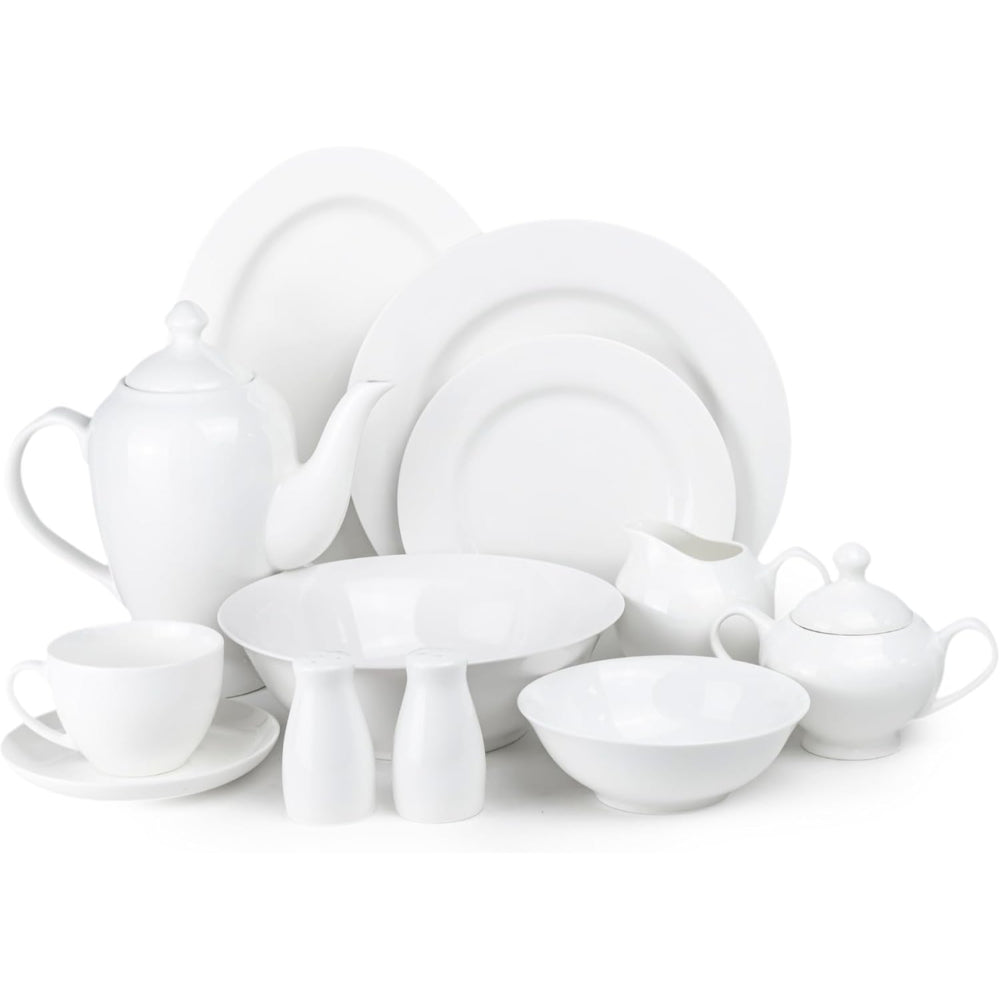 Cuisine Art 47-Piece Bone China Dinnerware Set White Dinner Set for 8 | Dinner Plates, Dessert Plates Tea Cups Saucers Bowls Salad Bowl Oval Platter Tea Pot Sugar Pot Creamer Salt & Pepper Shakers