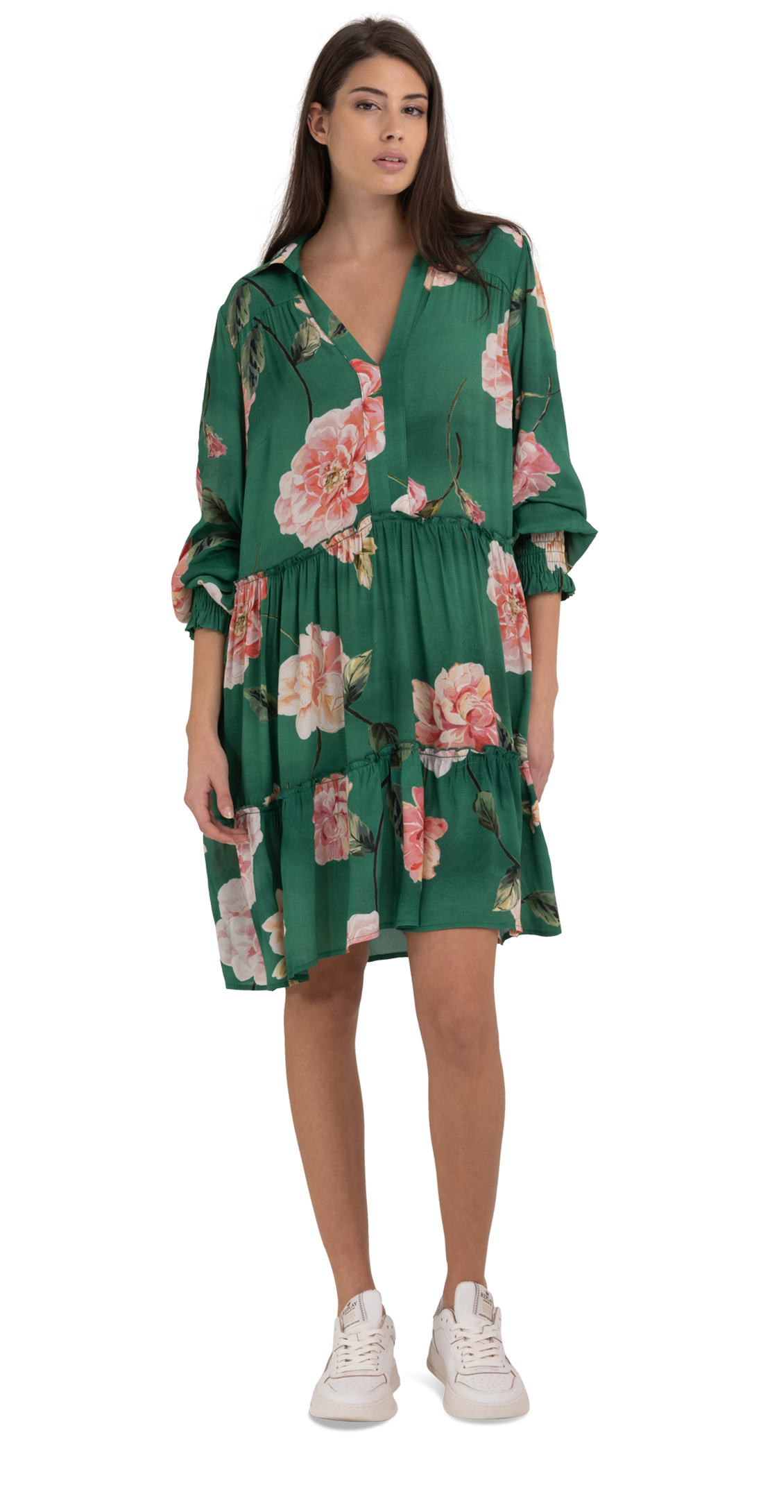 FRILLED SHIRT-DRESS WITH PEONIES PRINT