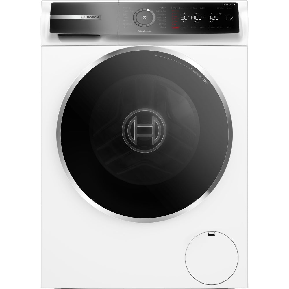 Bosch Series 8 Free-Standing Washing Machine, Front Loader 9 kg 1400 RPM, EcoSilence Drive, LED-display, iService Remote, Remote Monitoring and Control via HomeConnect, White, WGB24400GC