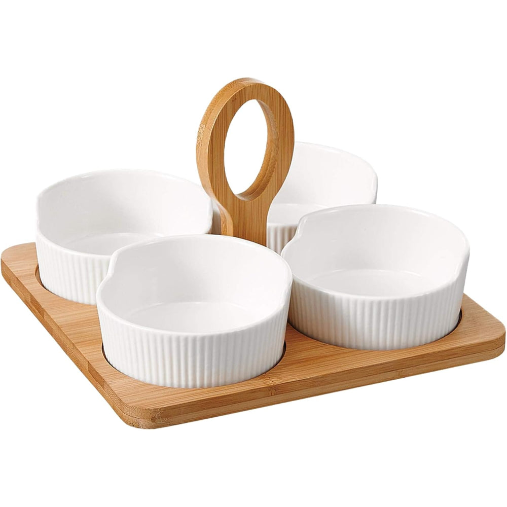 Shallow Porcelain 4 Pieces Boat Dish Set with Bamboo Base & Handle, Elegant Serving Dishes for Appetizers, Snacks, and More