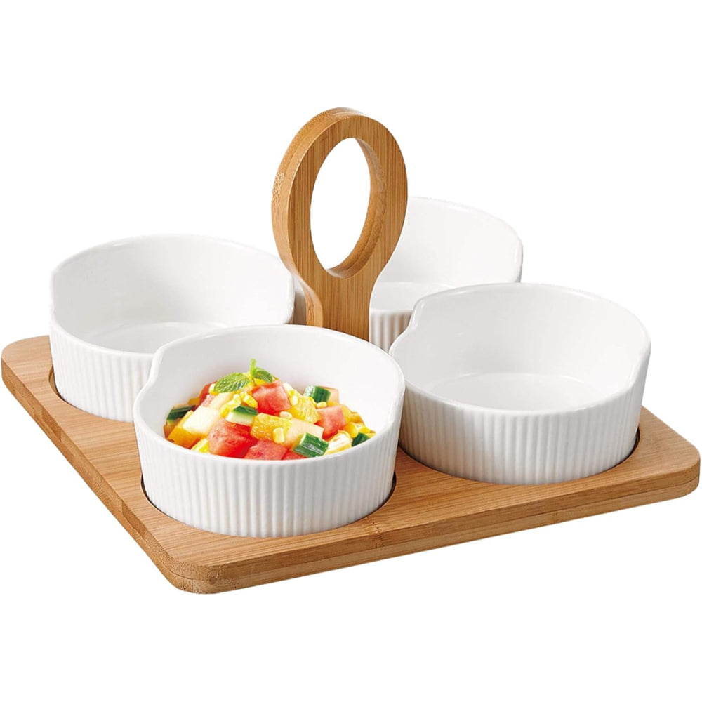 Shallow Porcelain 4 Pieces Boat Dish Set with Bamboo Base & Handle, Elegant Serving Dishes for Appetizers, Snacks, and More