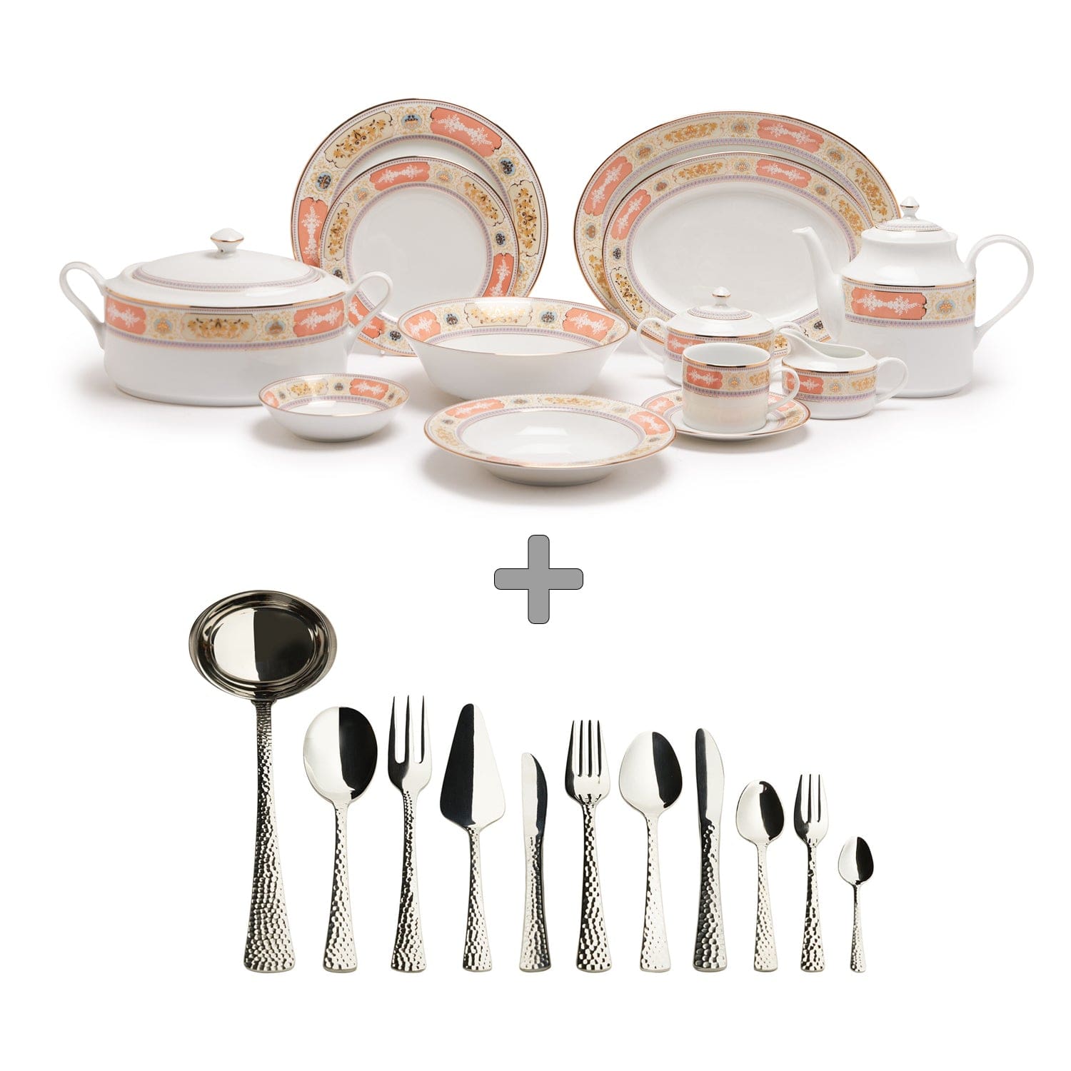 New Rosemery Peach 59PC Dinner Set + Dune Steel 78PC Wood Canteen Cutlery Set