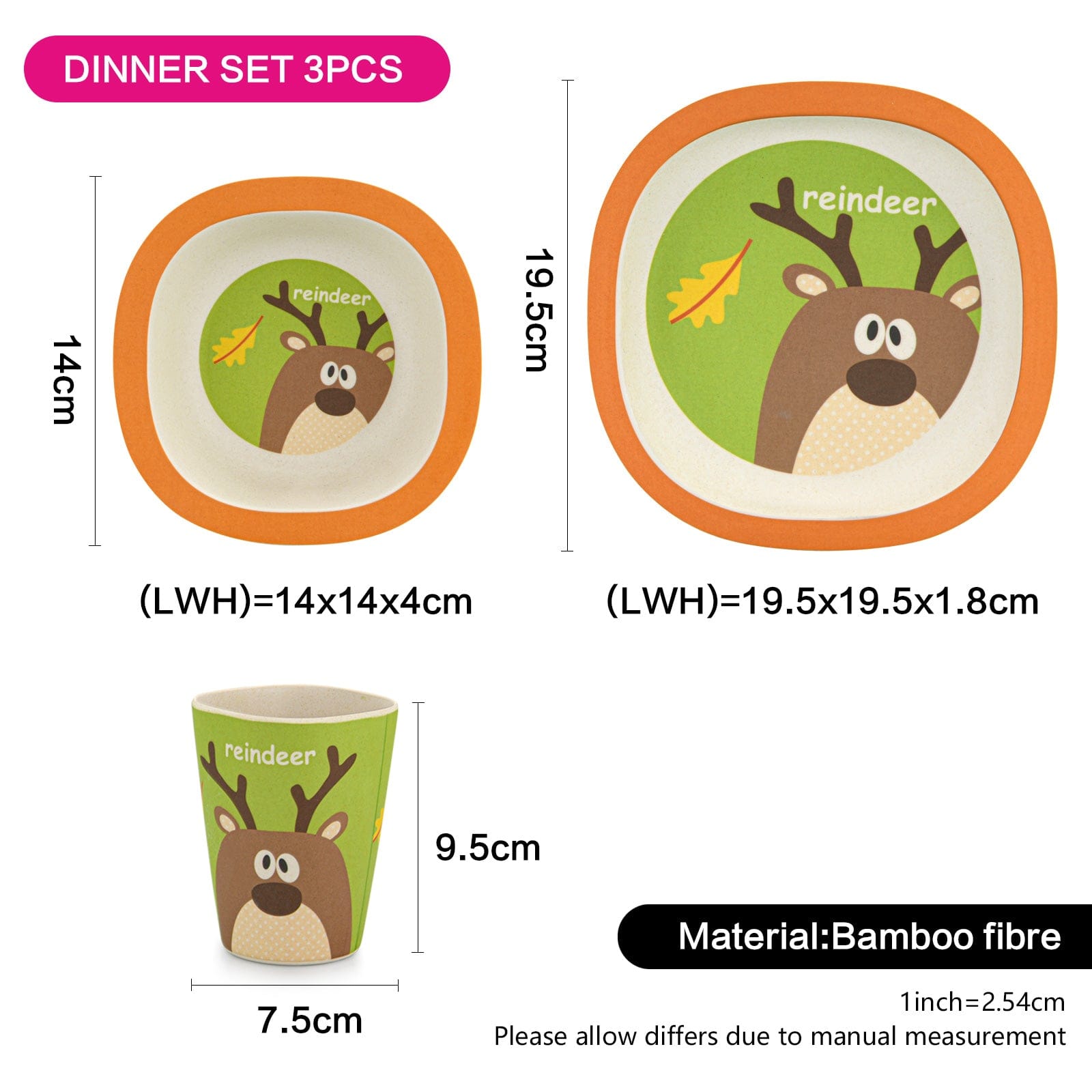 Fissman 3-Piece Bamboo Reindeer Kids Dinner Set Multicolour 19.5x19.5x1.8cm