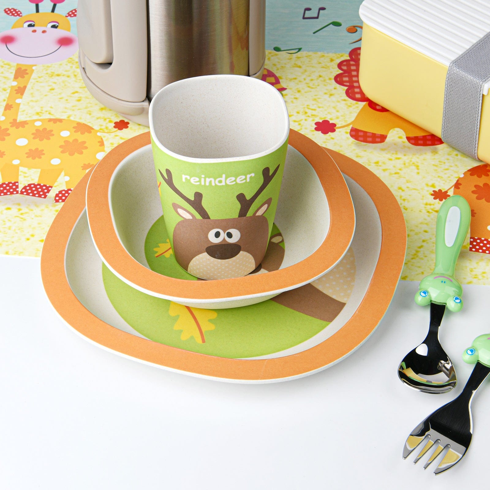 Fissman 3-Piece Bamboo Reindeer Kids Dinner Set Multicolour 19.5x19.5x1.8cm