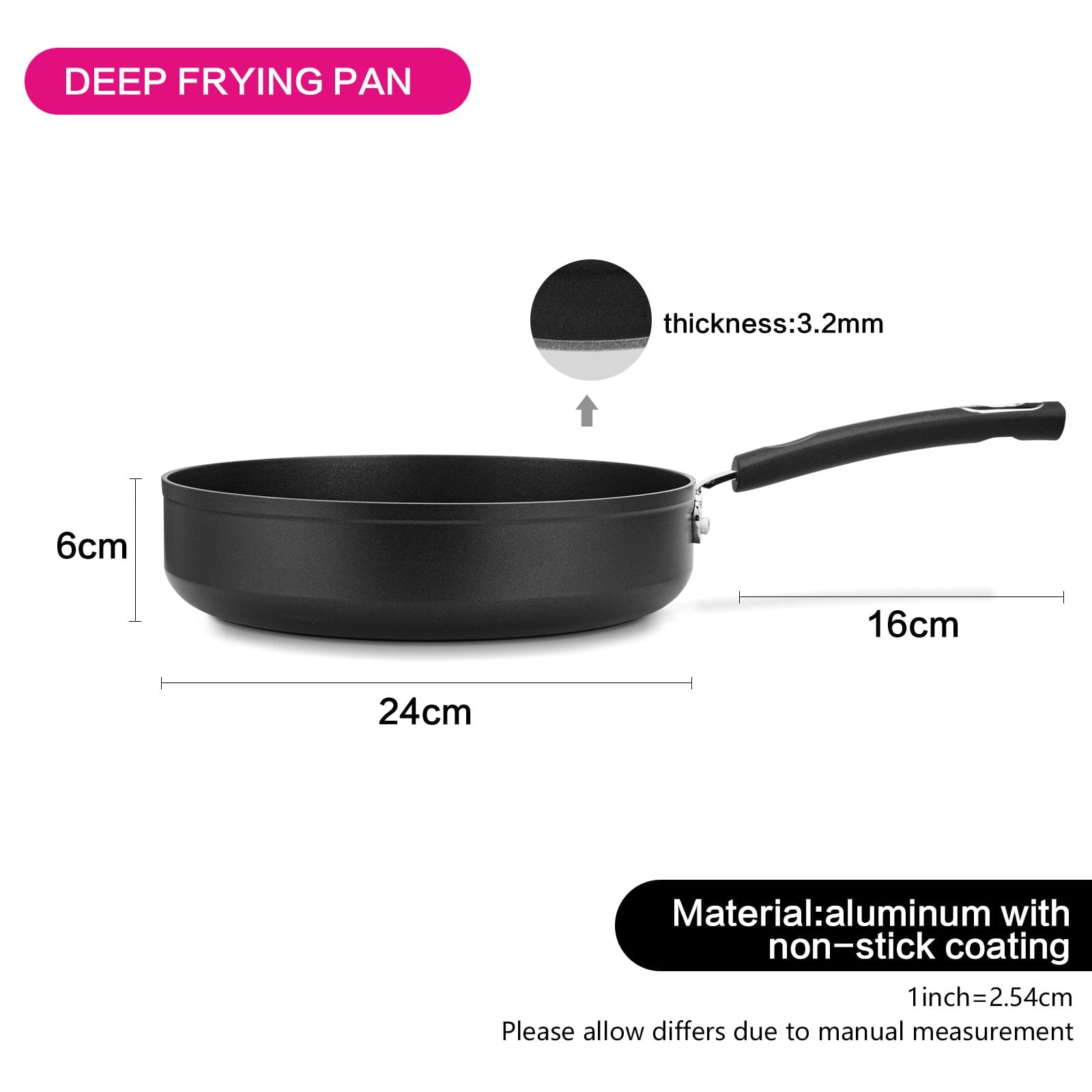 Fissman Deep Frying Pan With Reina Series Aluminum . Non-Stick Coating And Induction Bottom Black 24cm