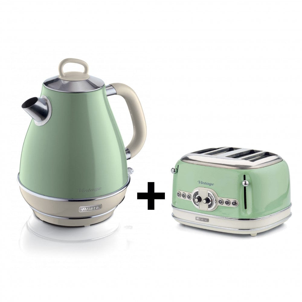 Ariete 1.7L Vintage Kettle 2869GR + Ariete Vintage 4-Slice Toaster, Cream/Green 0156