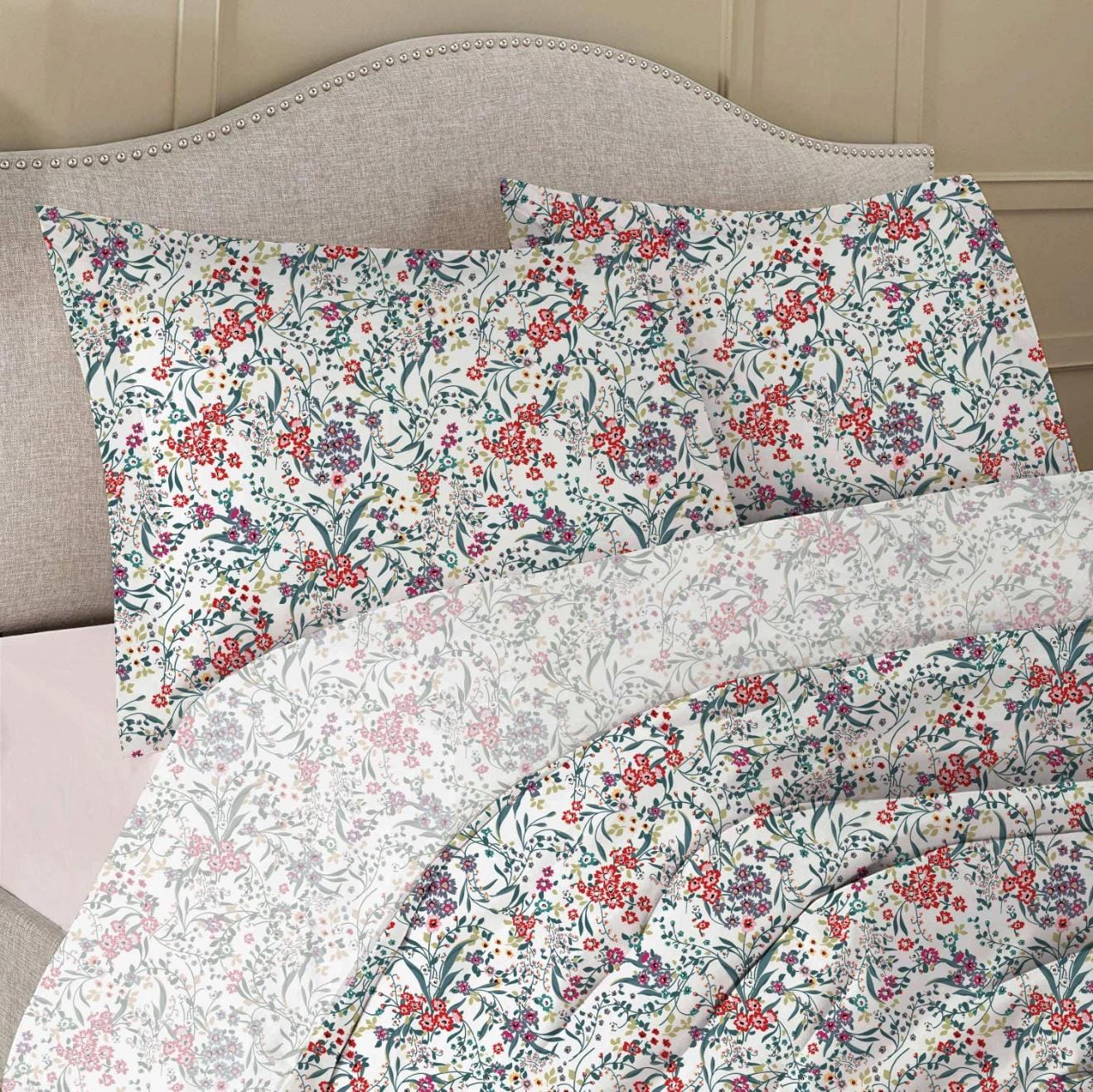 Cotton Home 100% Cotton Sateen 225T 3-piece Printed Prestine Comforter Set Floral Red