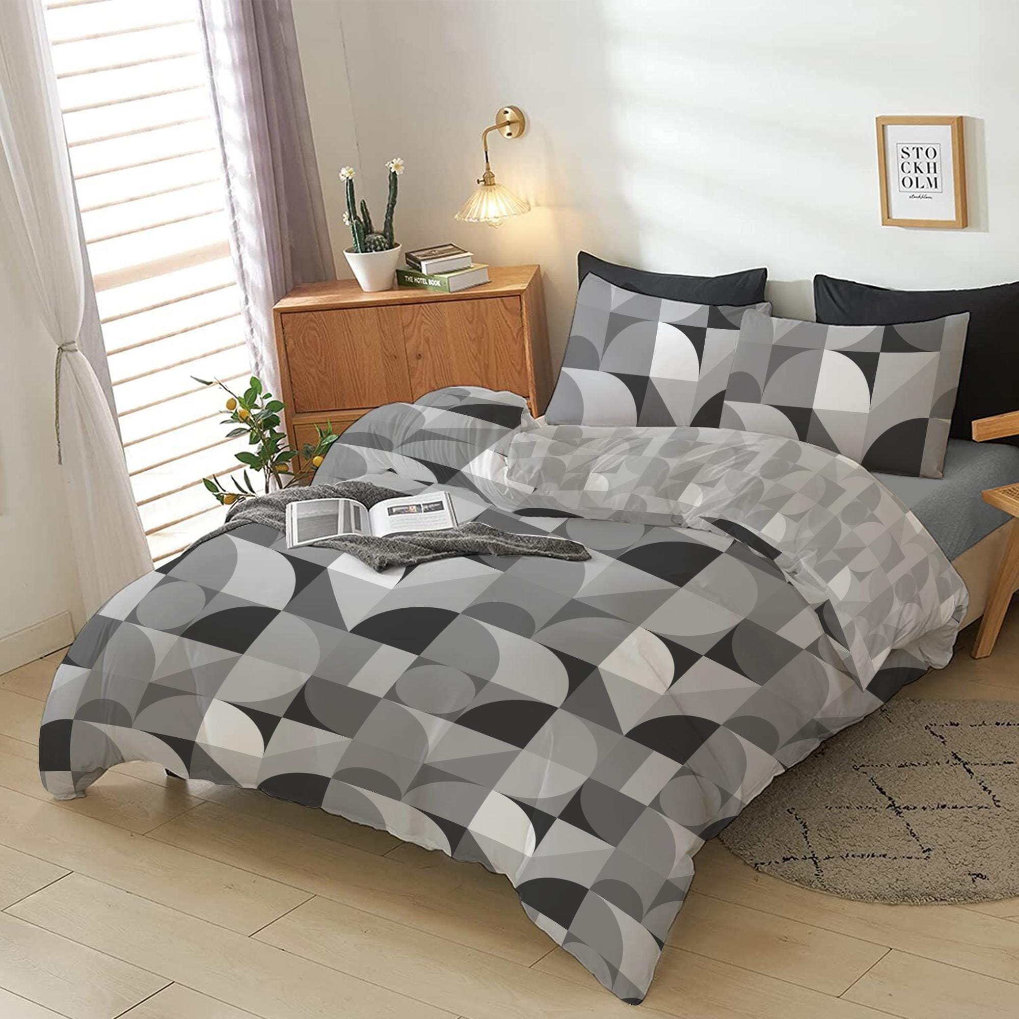 Cotton Home 4-Piece Luxury Cotton Comforter Set Bauhaus Prin Grey 