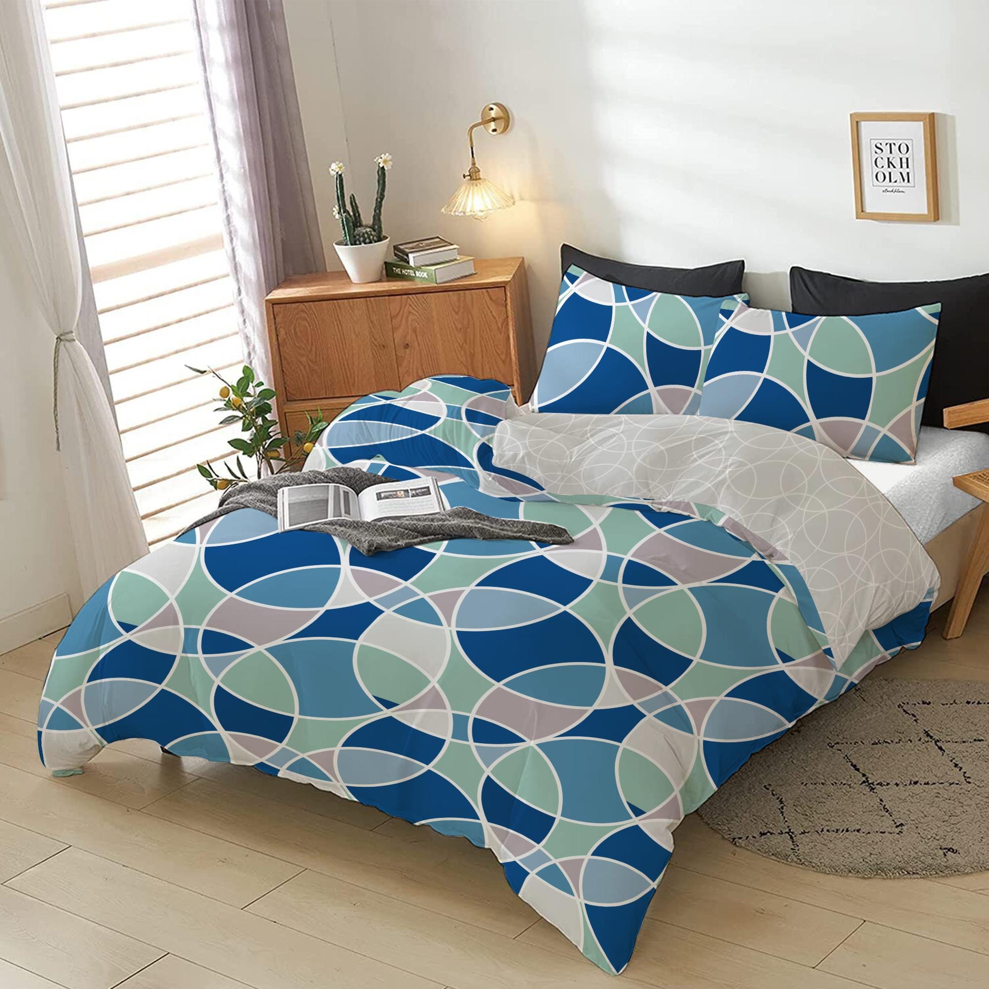 Cotton Home 4-Piece Luxury Cotton Comforter Set Bauhaus  Print Blue 