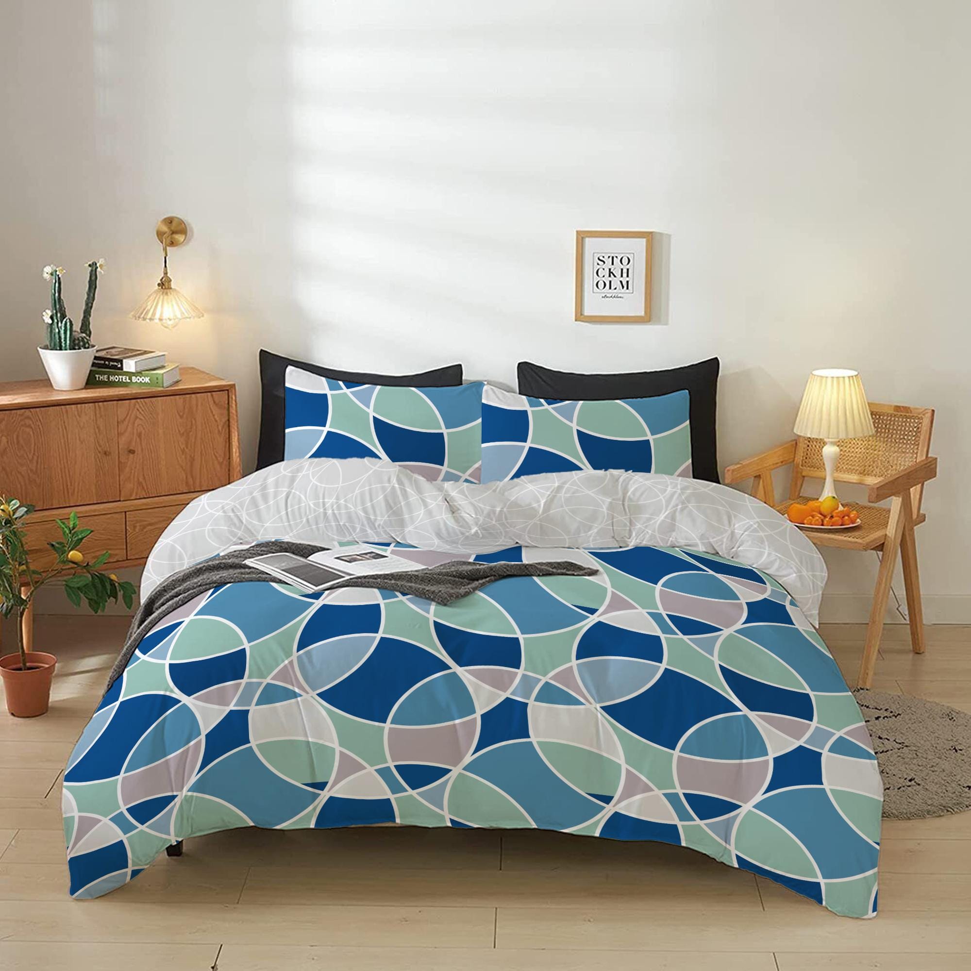 Cotton Home 4-Piece Luxury Cotton Comforter Set Bauhaus  Print Blue