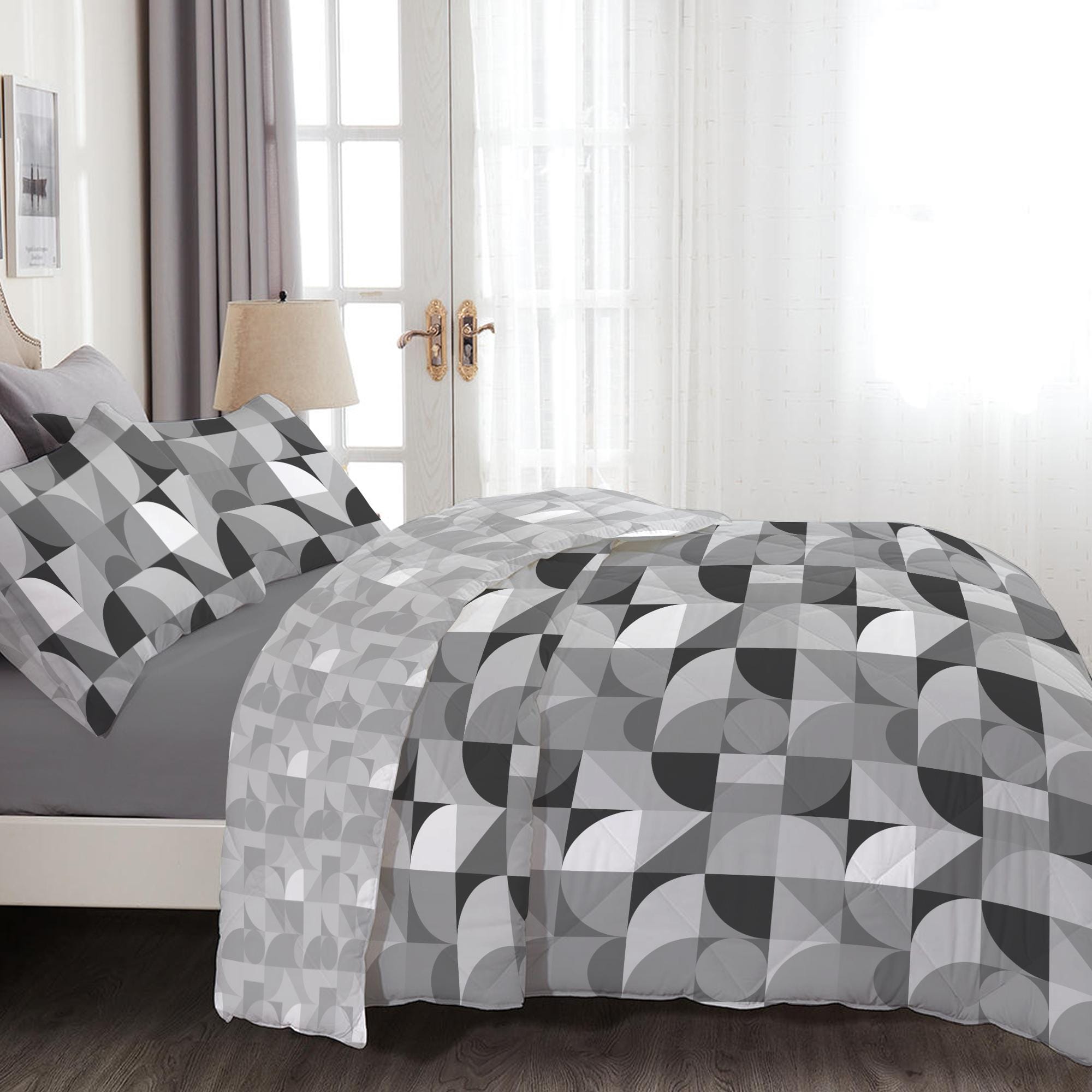 Cotton Home 4-Piece Luxury Cotton Comforter Set Bauhaus Prin Grey