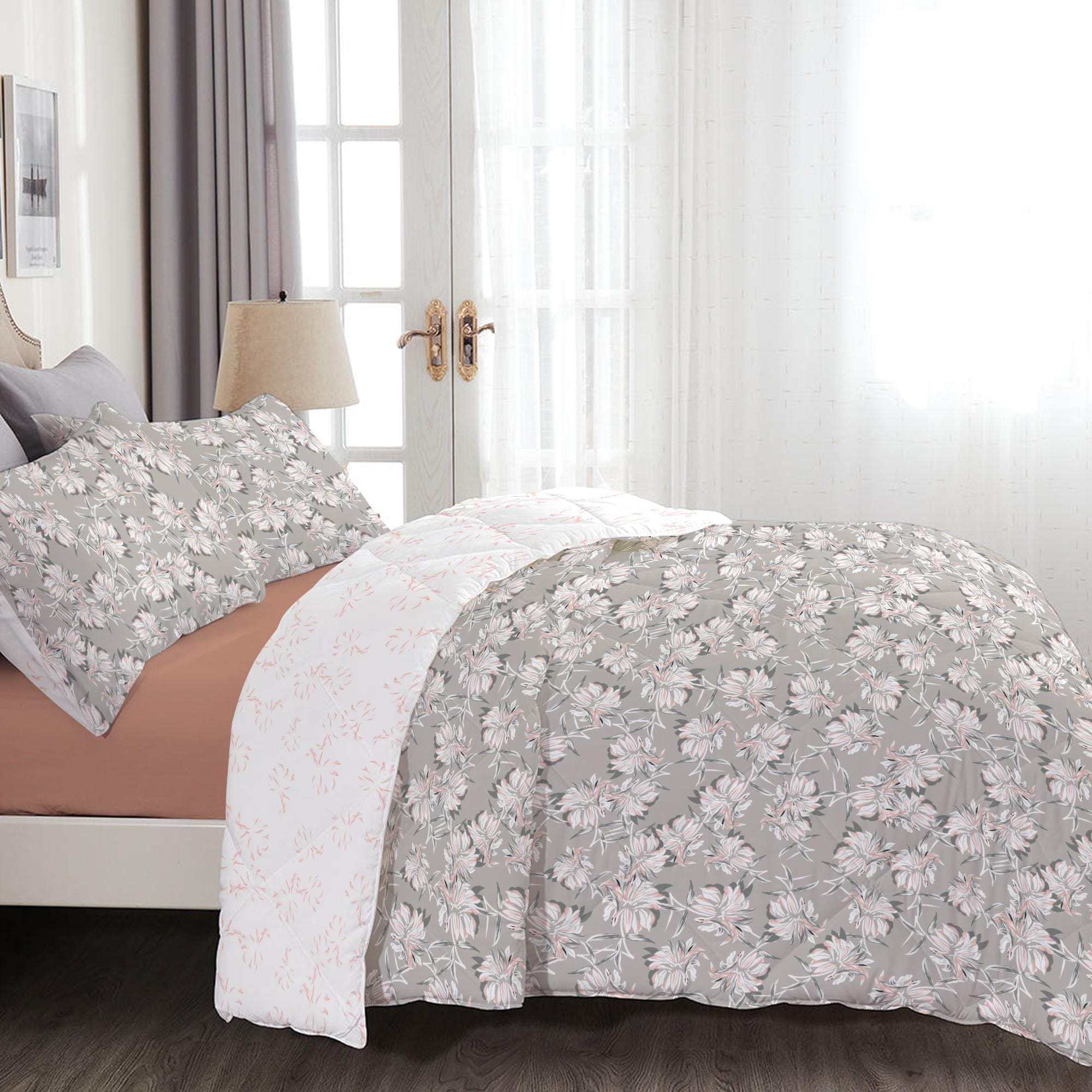 Cotton Home 4-Piece Luxury Cotton Comforter Set Ditsy Floral Grey