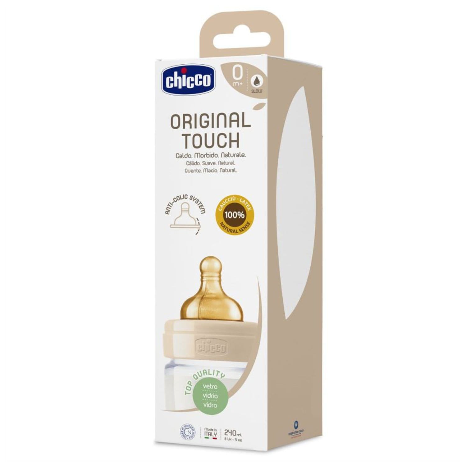 CHICCO ORIGINAL TOUCH GLASS BOTTLE 240ML SLOW FLOW 0M+ LATEX NEUTRAL