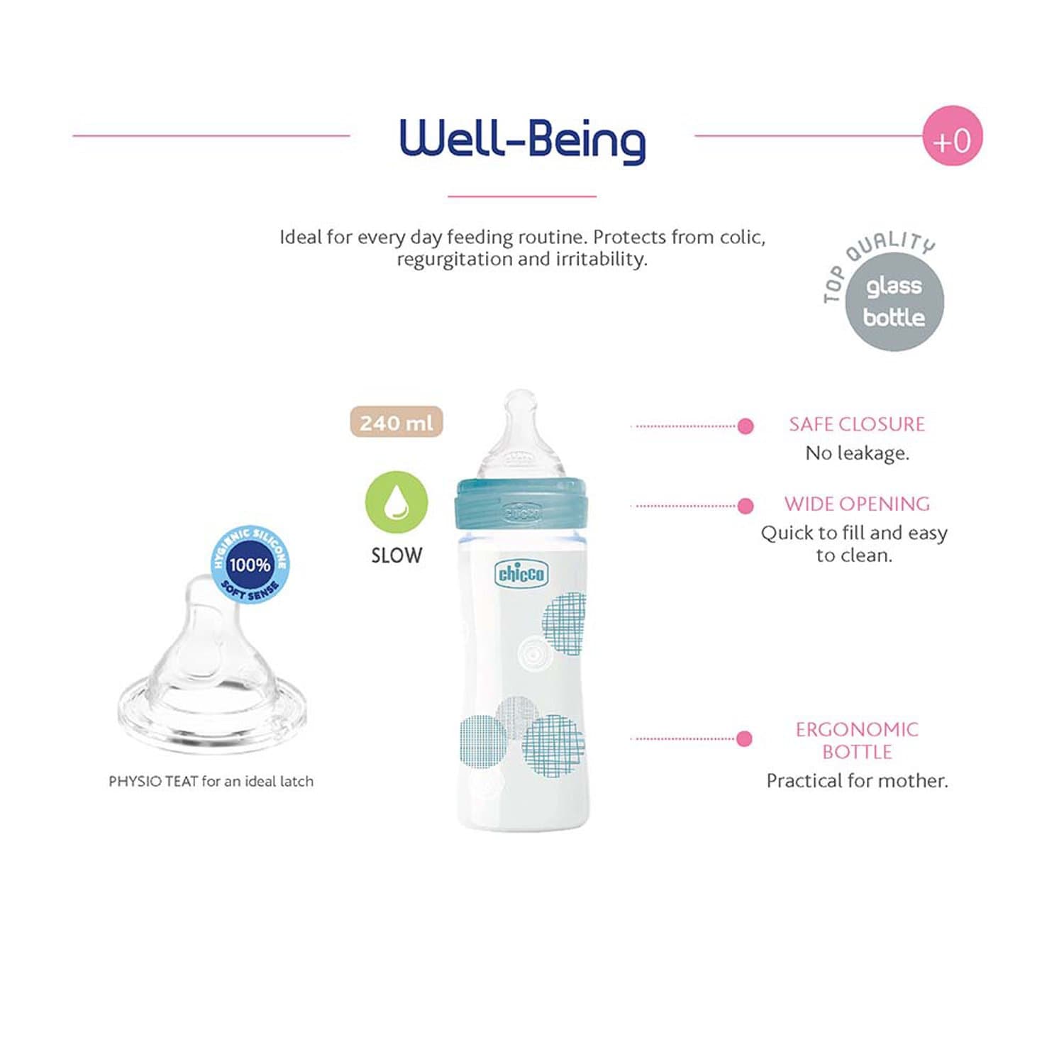 CHICCO WELL-BEING GLASS BOTTLE 240ML SLOW FLOW 0M+ SILICONE BLUE